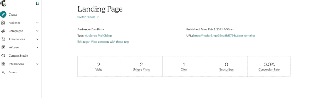 Zobrazení reportu landing page