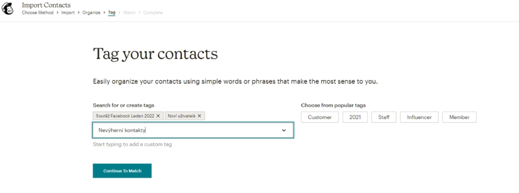 náhled na to, jak se tagují kontakty při jejich importu do MailChimpu
